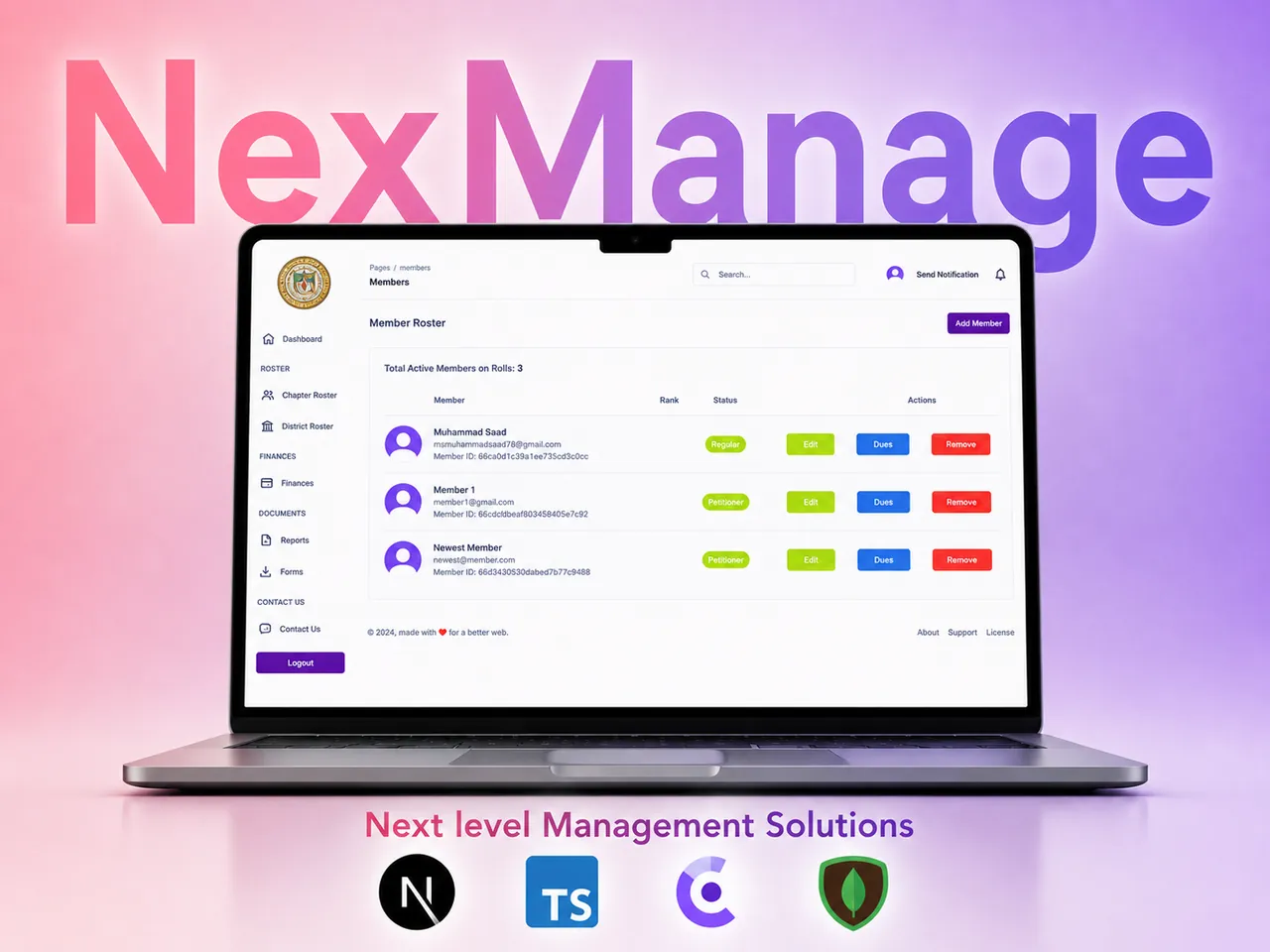 NexManage — Org Management System: Operations platform with RBAC, payments, chapter management, and realtime analytics.
